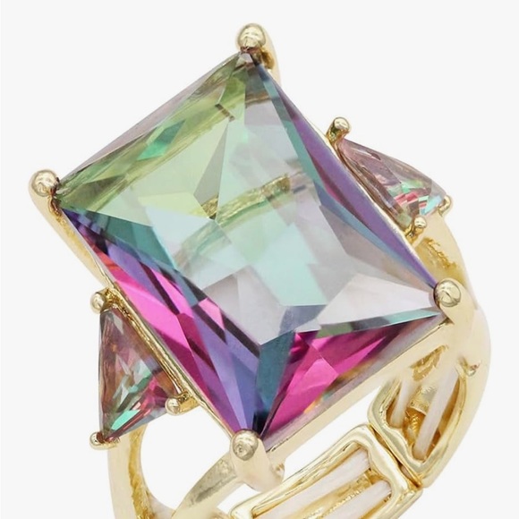 Multicolor Radiant Diamond Statement Ring 14K Gold Plated Stretch Cocktail Ring - Picture 4 of 5